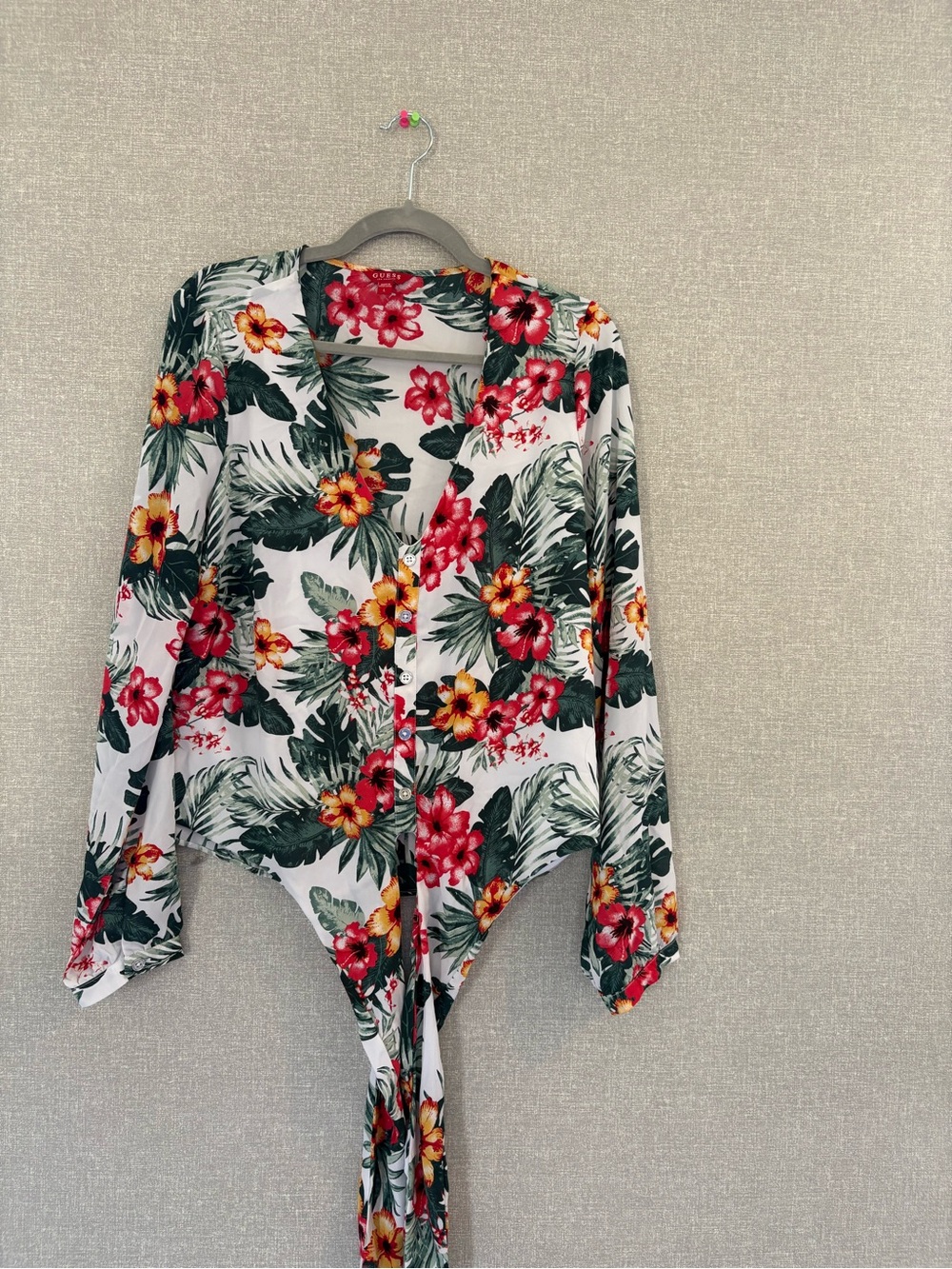 Guess Tropical Tie-Front Button-Down Shirt in White, Red & Green